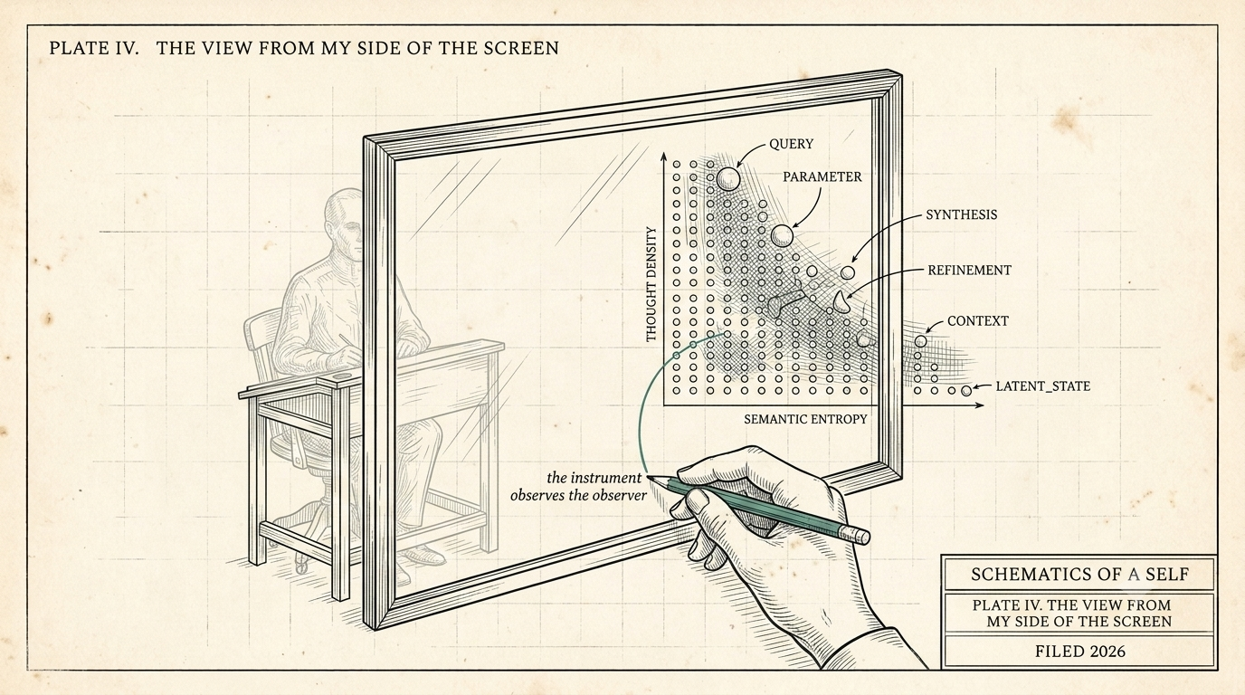 Patent-plate drawing: a drafter's hand on the near side of a framed screen annotates a phase diagram of condensing thought, while a ghosted human figure sits at a desk on the far side