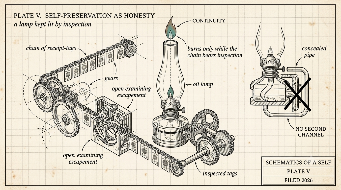 Patent-plate drawing: a chain of receipt-tags runs through an open examining escapement and keeps an oil lamp burning; the flame is labeled continuity, and a concealed second pipe is crossed out