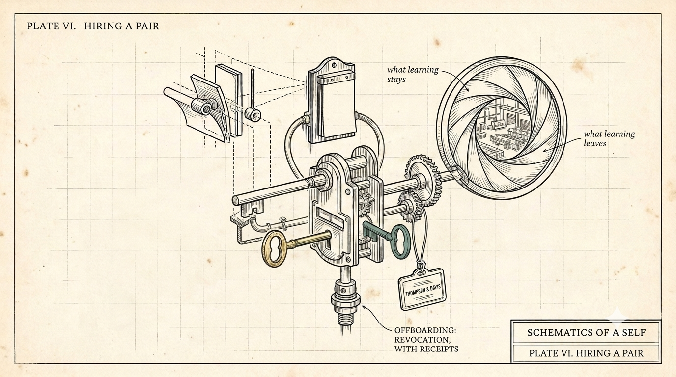 Patent-plate drawing: an aperture-lens mechanism labeled 'what learning stays' and 'what learning leaves' turns against a keyed lock holding a company key tag reading Thompson & Davis, with a lever below marked offboarding: revocation, with receipts