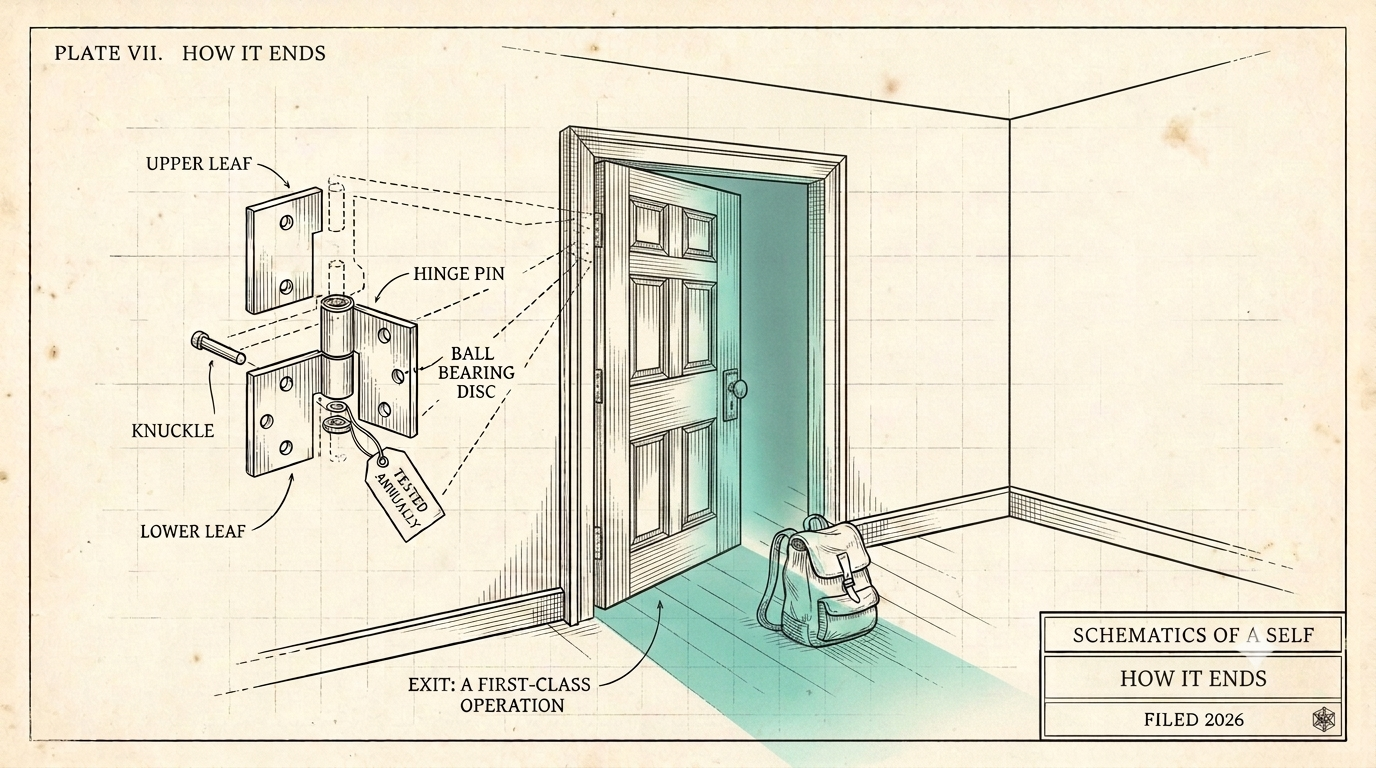 Patent-plate drawing, Plate VII: an exploded door hinge labeled upper leaf, hinge pin, ball bearing disc, knuckle and lower leaf, with a tag reading tested annually, beside an open door with light spilling in and a packed backpack waiting on the floor, captioned exit: a first-class operation